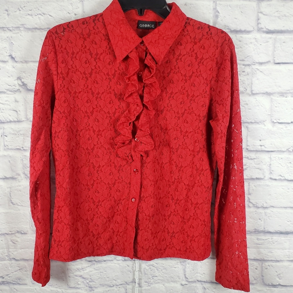 George Long Sleeve Button Down Ruffle Front Floral Lace Blouse, M (8/10), Red